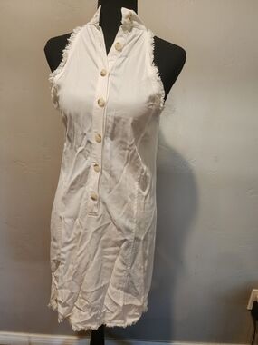 Anthropologie Maven West White Button-Front Fringe Halter Dress